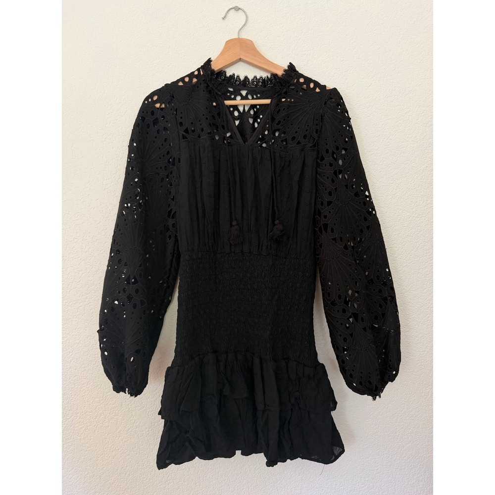 AQUA Eyelet Mini Dress Womens L Black Excellent Smocked Ruffle Balloon Sleeve